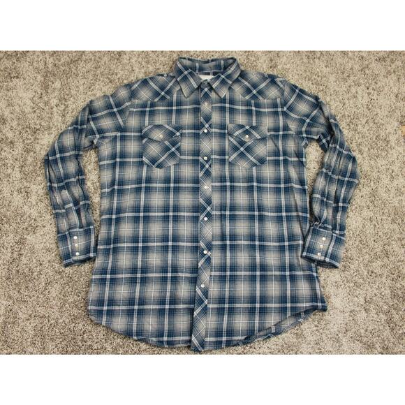 Wrangler Wrancher Shirt Mens XL Tall Blue Plaid Pearl Snap Western Cowboy - Picture 1 of 6